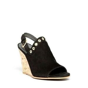Stuart Weitzman Open Toe Slingback Wedge Sandal Eyeliner Black Suede Gro…